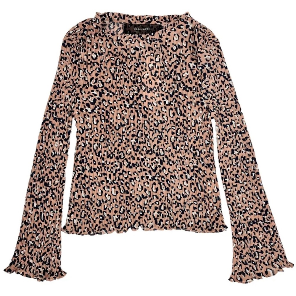 Animal Print Top Long Sleeves Pleated Sheer Pink Blue Round Neckline Size XL